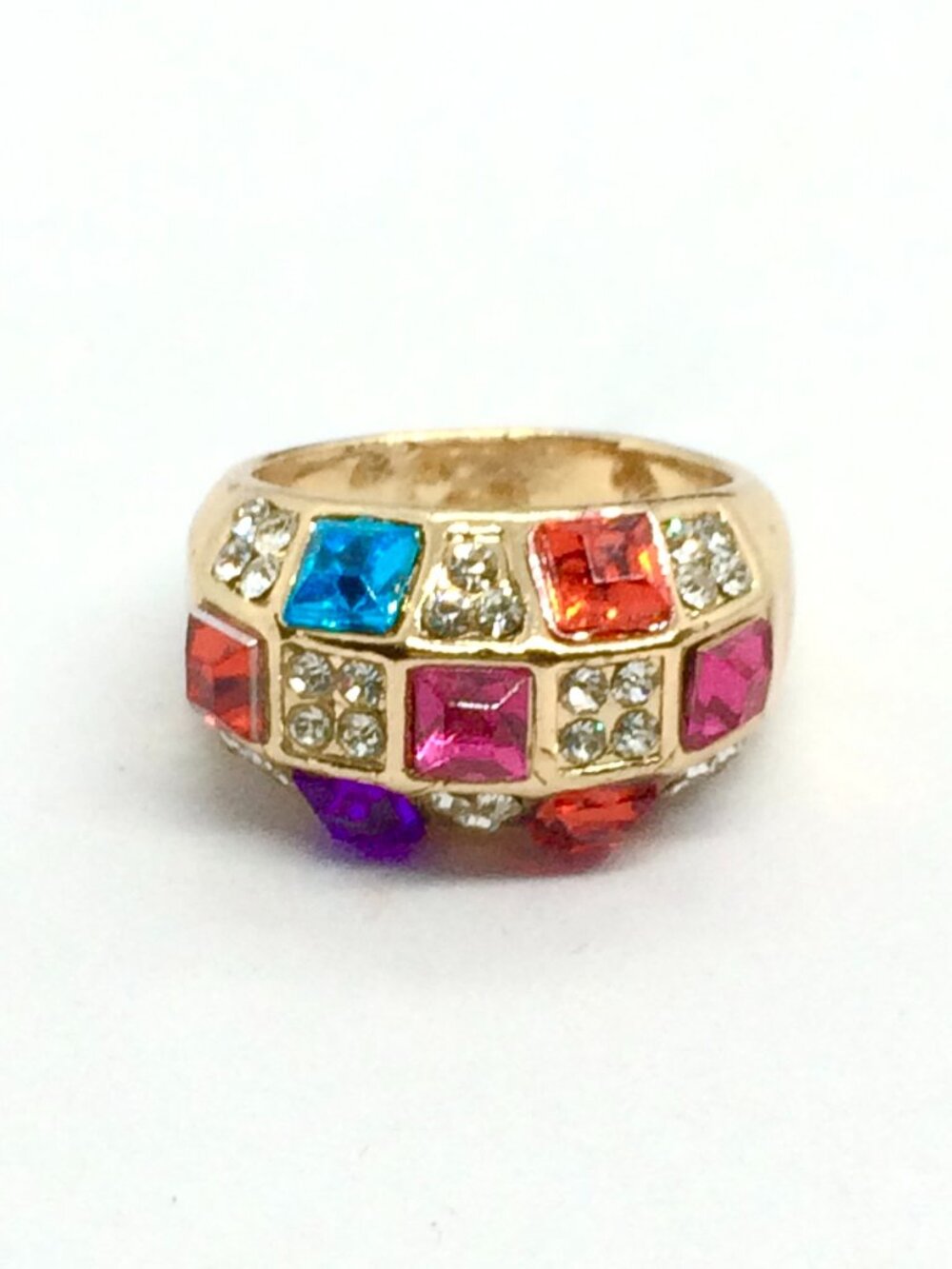 GOLD TONE RING Colorful Rhinestone Pavé Cocktail Statement Pink Red Sz 7 Sparkle